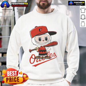 Good Labubu Charlie Brown Baltimore Orioles sweatshirt featuring vibrant team colors and iconic cartoon design.