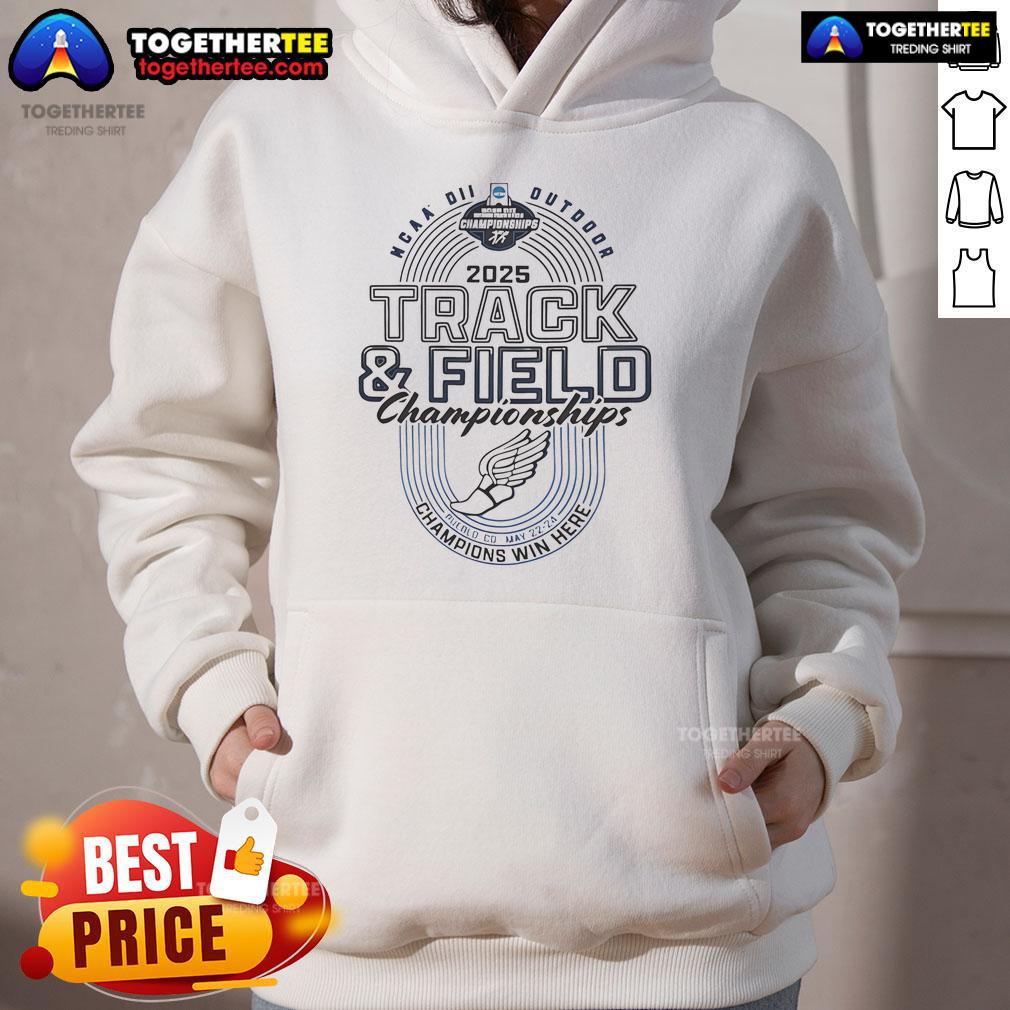 2025 NCAA DII Outdoor Track and Field Championships hoodie showcasing vibrant design and event logo.