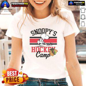 Good Snoopy Chicago Blackhawks Camp Snoopy NHL ladies tee featuring Snoopy in team colors and logo.