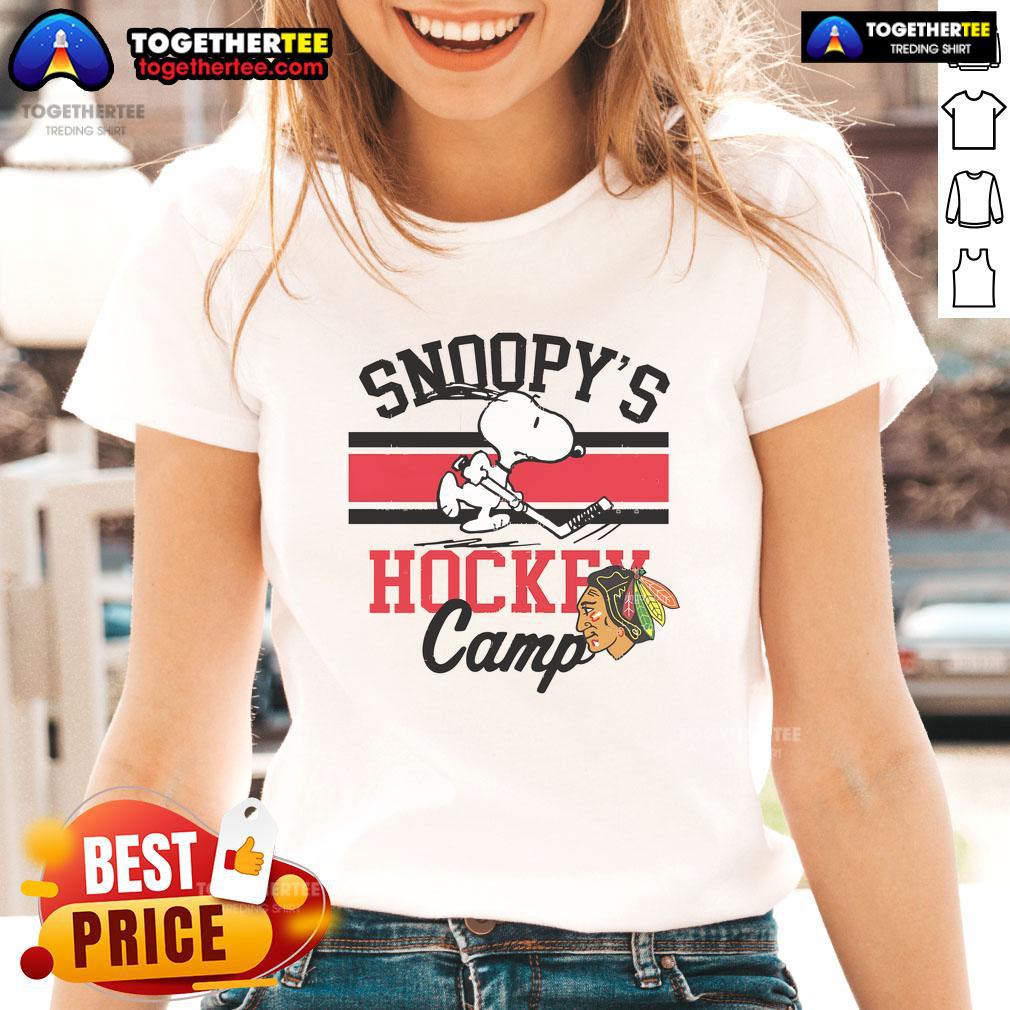 Good Snoopy Chicago Blackhawks Camp Snoopy NHL ladies tee featuring Snoopy in team colors and logo.