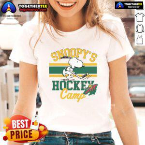 Good Snoopy Minnesota Wild tee for ladies featuring Snoopy and NHL teams at Snoopy's Hockey Camp. Perfect for fans!