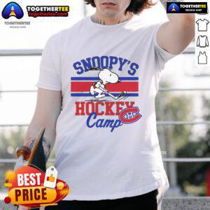 Good Snoopy Montral Canadiens T-Shirt featuring Snoopy at hockey camp, perfect for NHL fans of all teams.