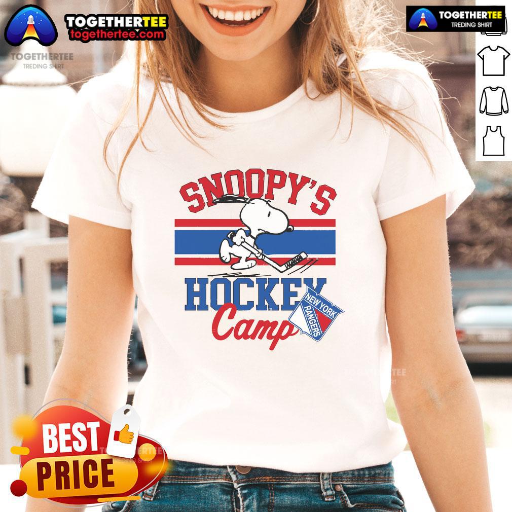 Good Snoopy New York Rangers tee for ladies featuring Snoopy at hockey camp, perfect for NHL fans and stylish game day wear.