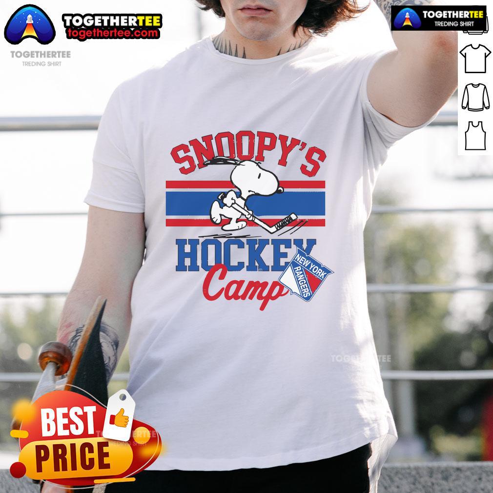 Alt Text: Good Snoopy New York Rangers NHL T-shirt featuring Snoopy at hockey camp, perfect for all teams and fans.