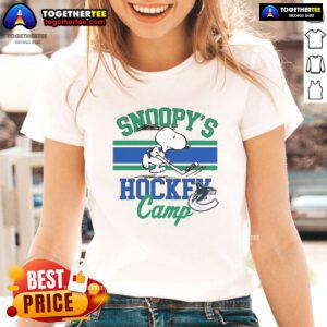 Good Snoopy Vancouver Canucks tee for ladies featuring Snoopy at hockey camp, perfect for NHL fans.