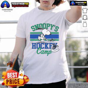 Alt Text: Good Snoopy Vancouver Canucks T-Shirt featuring Snoopy at hockey camp, celebrating NHL teams in a fun design.