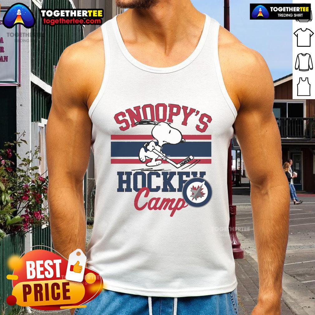Good Snoopy Winnipeg Jets tank top from Snoopy's Hockey Camp featuring NHL teams, perfect for sports fans.
