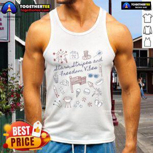 4th of July tank top featuring a vibrant stars and stripes design, perfect for celebrating freedom vibes on Independence Day.