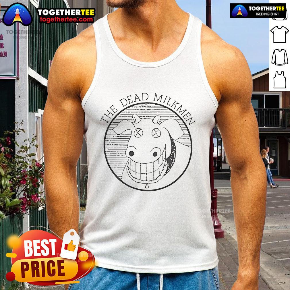 Chris Pratt wearing a Good The Electric State tank top featuring The Dead Milkmen cow logo, showcasing a trendy style.