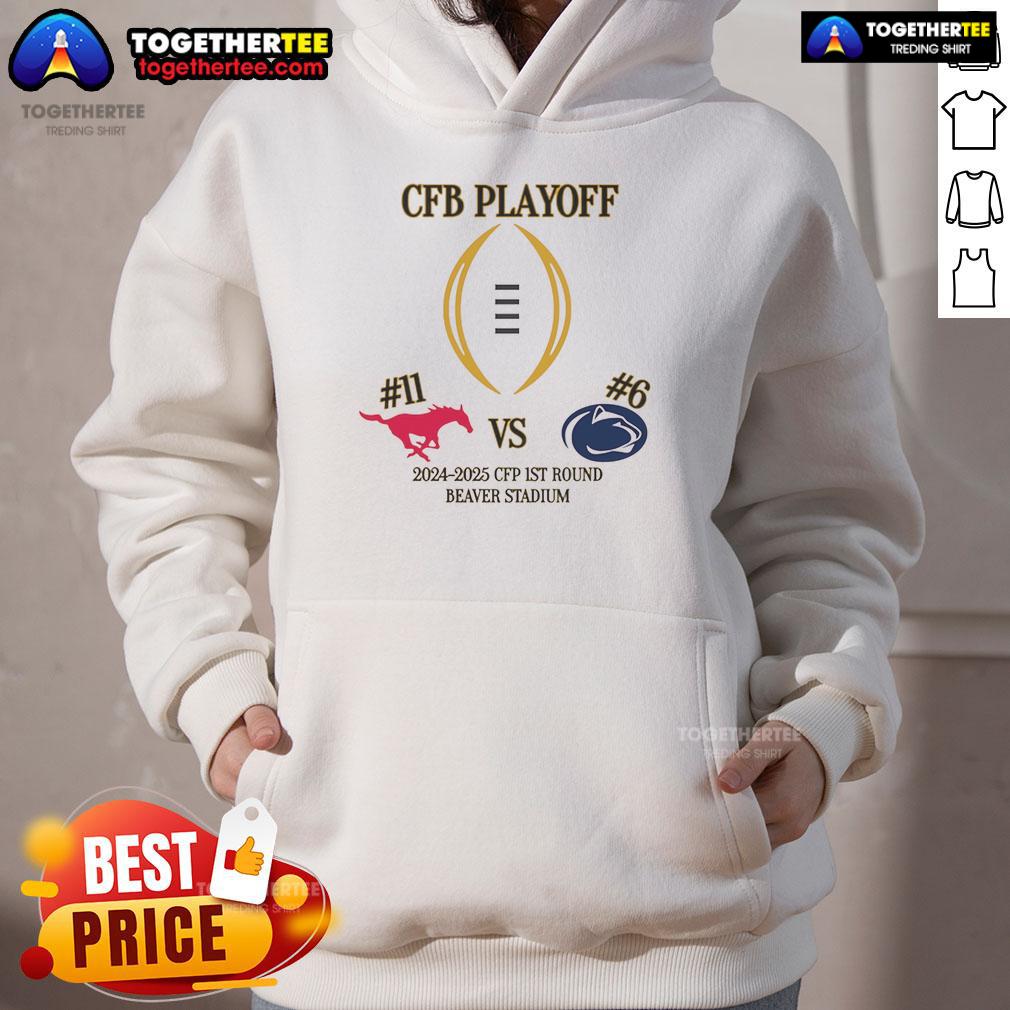 Nice SMU vs Penn State 2024-2025 CFP 1st Round hoodie featuring Beaver Stadium design and team logos.