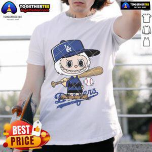 Nice Labubu Charlie Brown Los Angeles Dodgers T-Shirt featuring iconic cartoon design and team logo, perfect for fans.