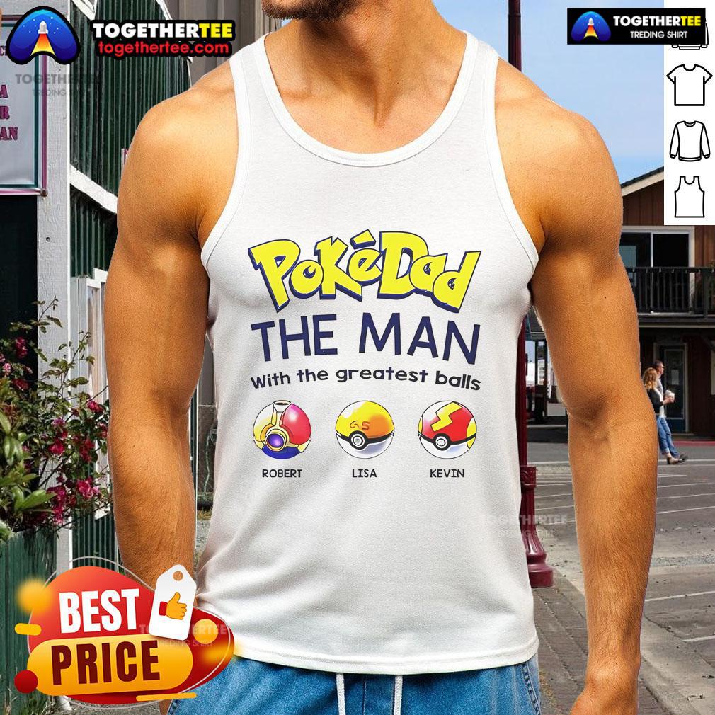 Man wearing a 'Nice Pokedad' tank top featuring a fun graphic of Pokeballs, perfect for Pokemon fans.