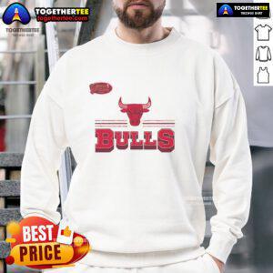 Alt Text: Stylish red Chicago Bulls fan banner sweatshirt featuring bold team logo, perfect for basketball enthusiasts and game days.