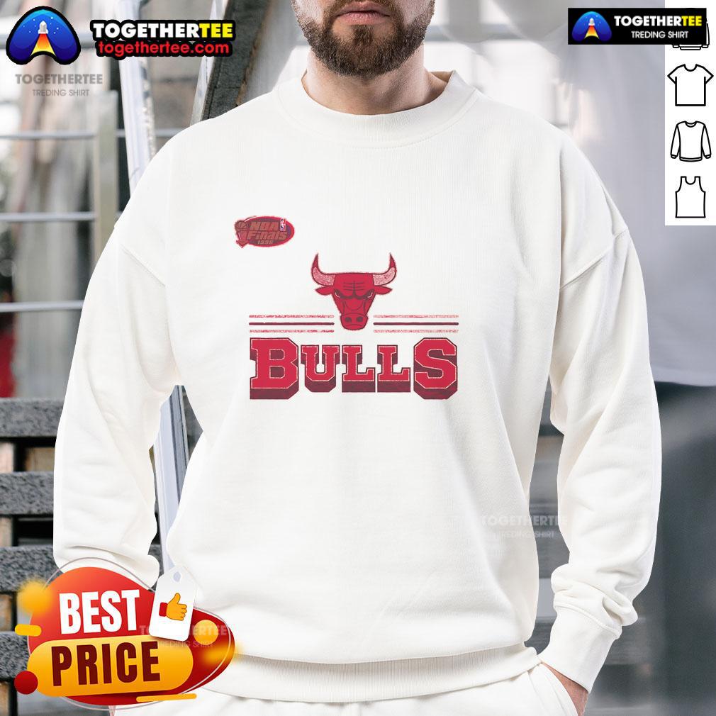 Alt Text: Stylish red Chicago Bulls fan banner sweatshirt featuring bold team logo, perfect for basketball enthusiasts and game days.