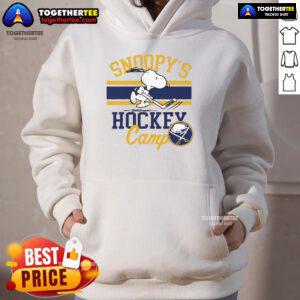 Alt Text: Cozy Nice Snoopy Buffalo Sabres Snoopy's Camp Hoodie featuring iconic Snoopy design for sports fans.