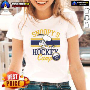 Alt Text: Buffalo Sabres Snoopy's Camp ladies tee featuring a playful Snoopy design, perfect for hockey fans and casual wear.
