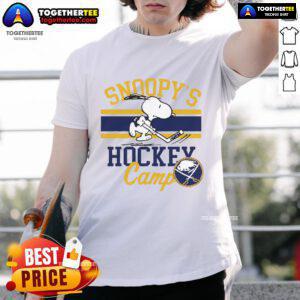 Alt Text: Nice Snoopy Buffalo Sabres Snoopy's Camp T-Shirt featuring Snoopy in team colors, perfect for Sabres fans.