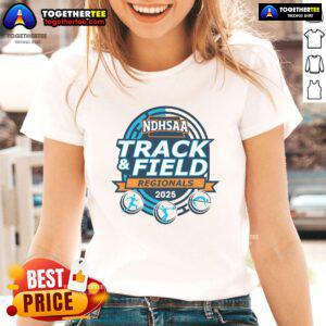 Alt Text: Official 2025 NDHSAA Class B Southwest Region Track & Field logo on a ladies tee shirt design.