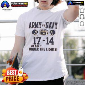 Official Army vs Navy Score T-Shirt showcasing 77-17-14 victory under the lights, perfect for fans of military sports.