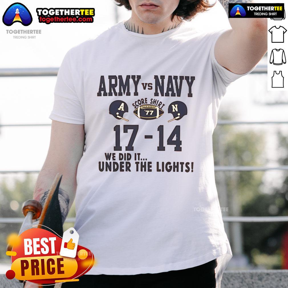 Official Army vs Navy Score T-Shirt showcasing 77-17-14 victory under the lights, perfect for fans of military sports.