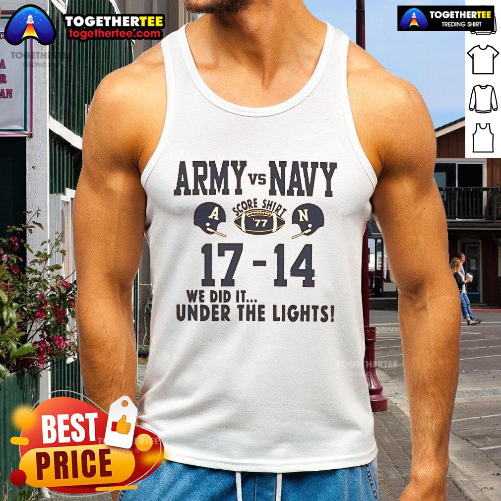 Official Army vs Navy score tank top featuring the score 77-17-14 under the lights design for fans.
