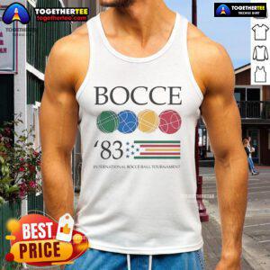 Alt Text: Official Bocce 83 international bocce ball tournament tank top featuring vibrant design and tournament logo.