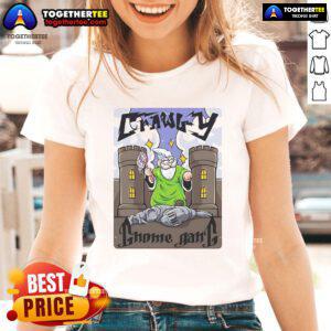 Alt Text: Official Crawly Gnome Gang Ladies Tee featuring a colorful gnome design, perfect for casual wear and gnome enthusiasts.