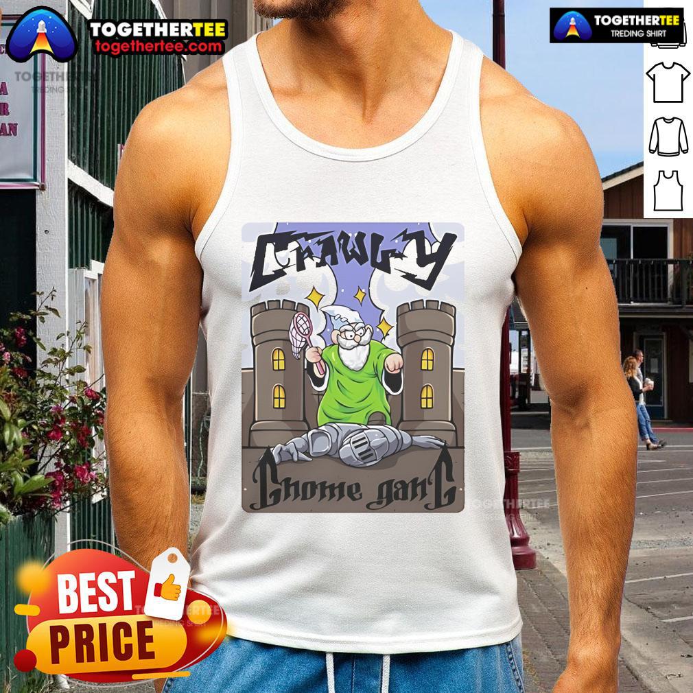 Official Crawly Gnome Gang tank top featuring a vibrant gnome design, perfect for casual summer wear.