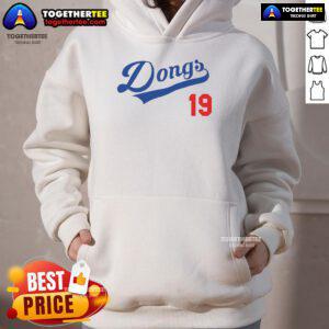 Official Dongs 19 LA Dodgers hoodie displayed on a hanger, showcasing the team's logo and stylish design.