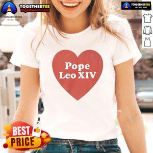 Alt Text: Official I Heart Love Pope Leo XIV ladies tee featuring a stylish design and vibrant colors for devoted fans.