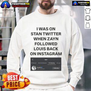 Alt Text: I Was On Stan Twitter When Zayn Followed Louis Back sweatshirt, featuring 'Louist91' graphic design.