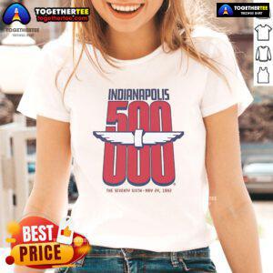 Alt Text: 1992 Indianapolis 500 official ladies tee featuring 76th running design and vibrant colors, perfect for race fans.