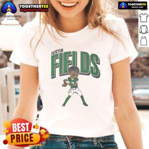 Official Justin Fields New York Jets cartoon ladies tee featuring vibrant design and team colors, perfect for fans.