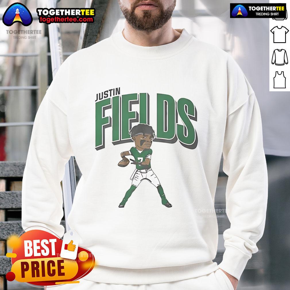 Official Justin Fields New York Jets cartoon sweatshirt featuring vibrant graphics and team colors for fans.