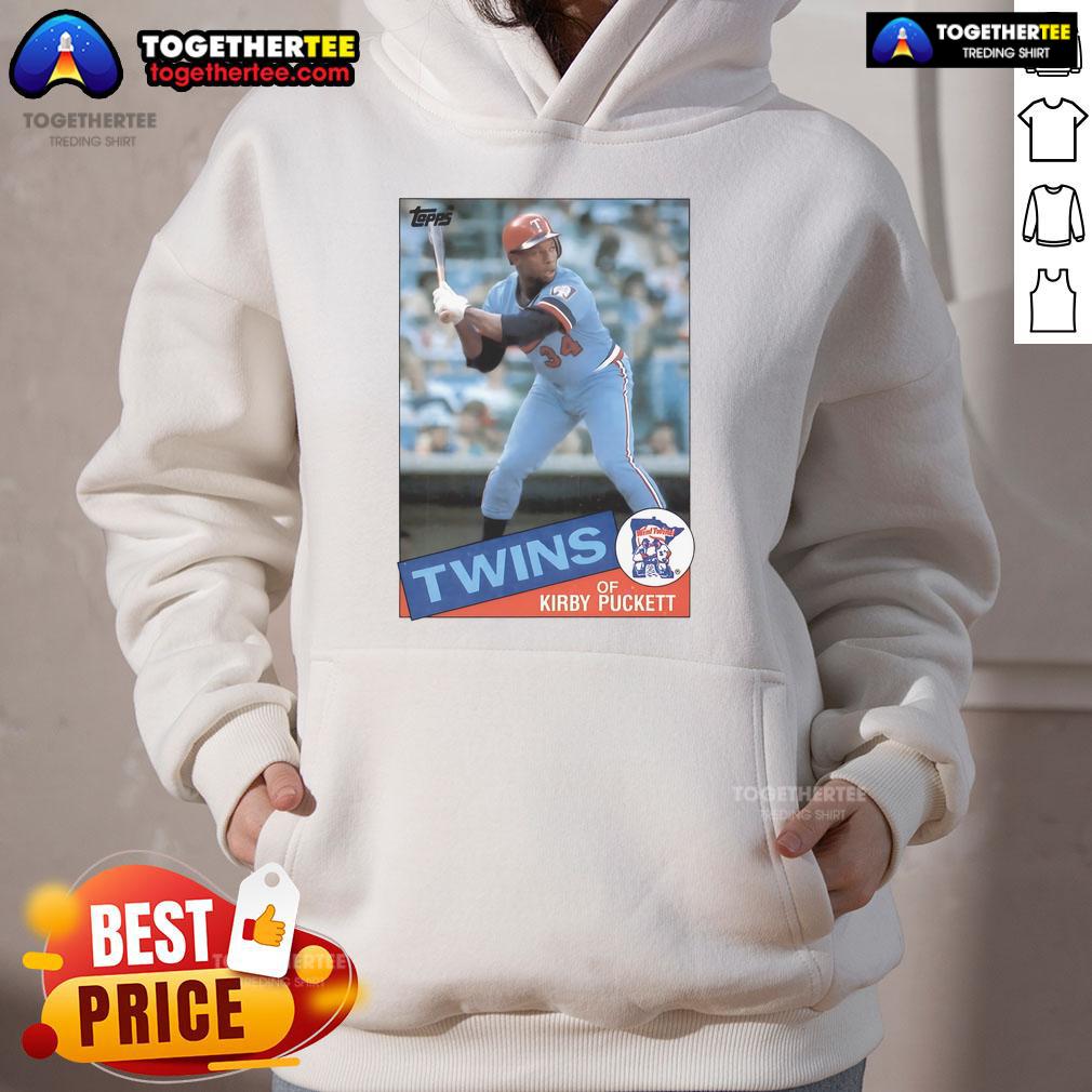 Alt Text: Official Kirby Puckett Minnesota Twins 1985 Topps baseball card design featured on a stylish hoodie for fans.