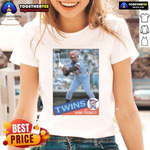 Alt Text: Official Kirby Puckett Minnesota Twins 1985 Topps baseball card featured on a ladies tee shirt design.