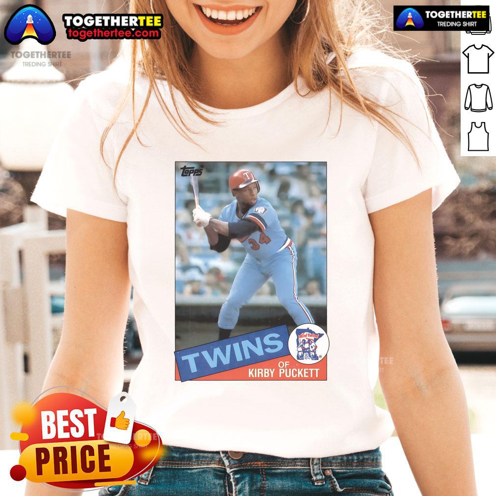 Alt Text: Official Kirby Puckett Minnesota Twins 1985 Topps baseball card featured on a ladies tee shirt design.