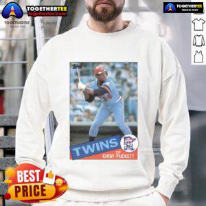 Official Kirby Puckett Minnesota Twins 1985 Topps baseball card design on a stylish sweatshirt for fans.