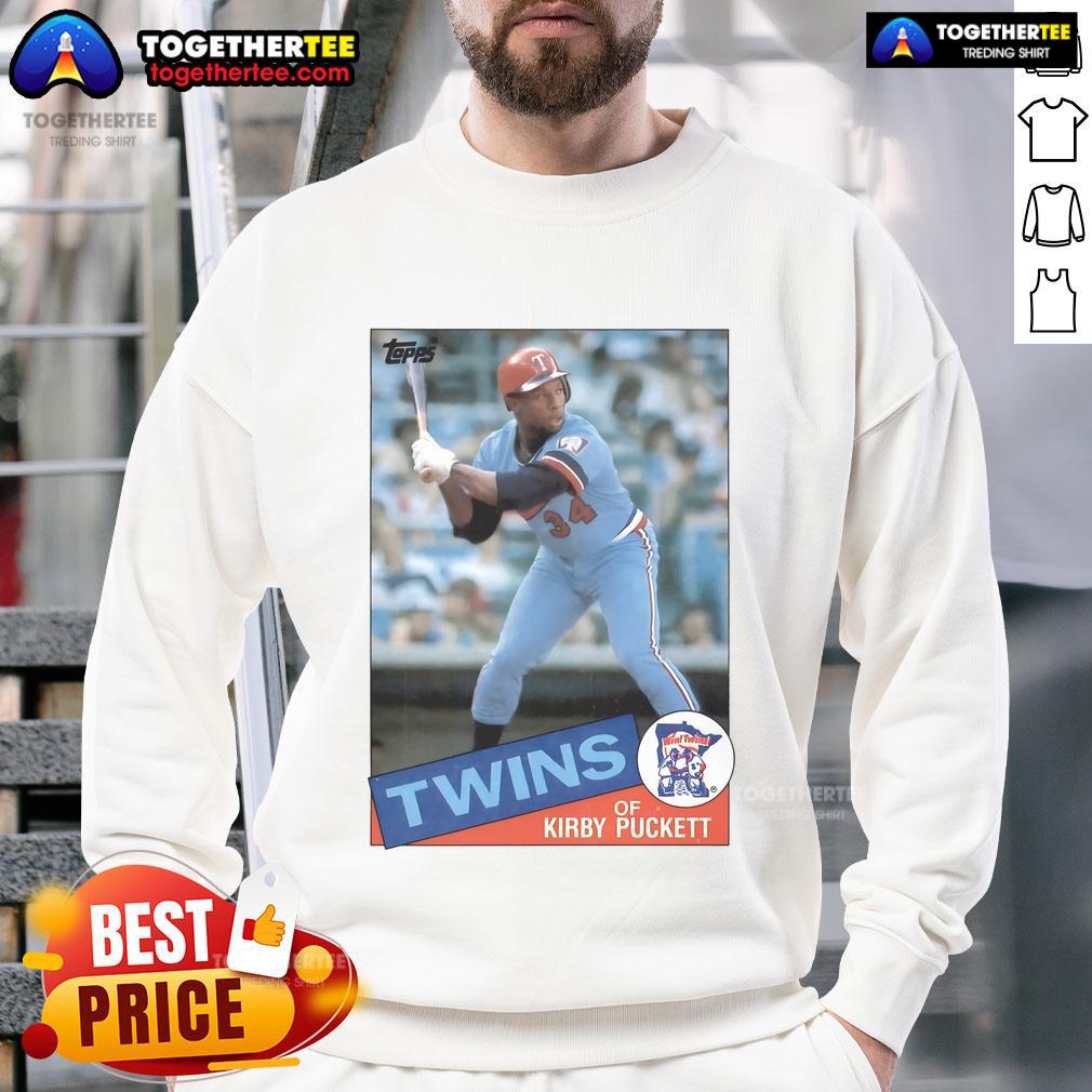 Official Kirby Puckett Minnesota Twins 1985 Topps baseball card design on a stylish sweatshirt for fans.
