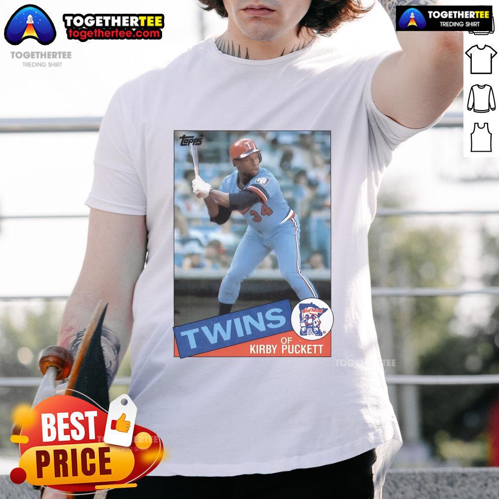Official Kirby Puckett Minnesota Twins 1985 Topps baseball card player t-shirt featuring vintage sports design.