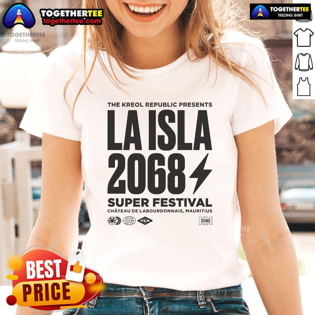 Official La Isla 2068 X The Kreol Republic 2025 stereo ladies tee featuring vibrant design and stylish fit.
