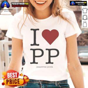 Alt Text: Official Love PP Pepperoni Pizza Ladies Tee featuring a vibrant pizza graphic, perfect for pizza lovers.