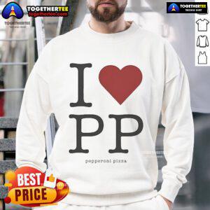 Official Love PP Pepperoni Pizza Sweatshirt featuring a vibrant pizza graphic, perfect for pizza lovers.