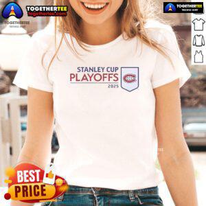 Official Montreal Canadiens 2025 NHL Stanley Cup Playoffs Champions Ladies Tee showcasing team pride and stylish design.