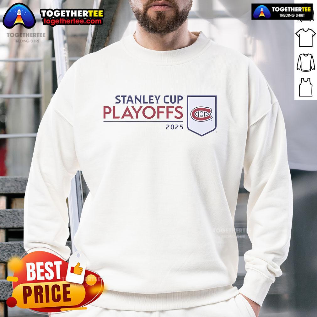 Official Montreal Canadiens 2025 NHL Stanley Cup Playoffs Champions Sweatshirt in team colors, showcasing proud fan gear.