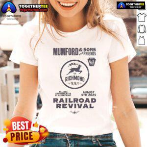 Official Mumford and Sons 2025 Railroad Revival Tour Ladies Tee design featuring concert details from Richmond, VA.
