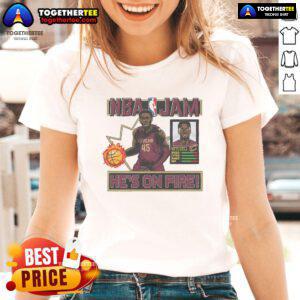Official NBA Jam Cavaliers Donovan Mitchell Ladies Tee featuring vibrant team colors and player graphics for fans.