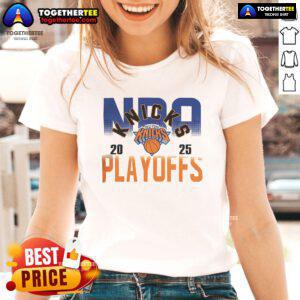 Official NBA New York Knicks 2025 Playoffs Ladies Tee in vibrant blue, featuring team logo and stylish design for fans.
