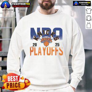 Alt Text: Official NBA New York Knicks 2025 Playoffs sweatshirt featuring team colors and logo, perfect for fans and game day.