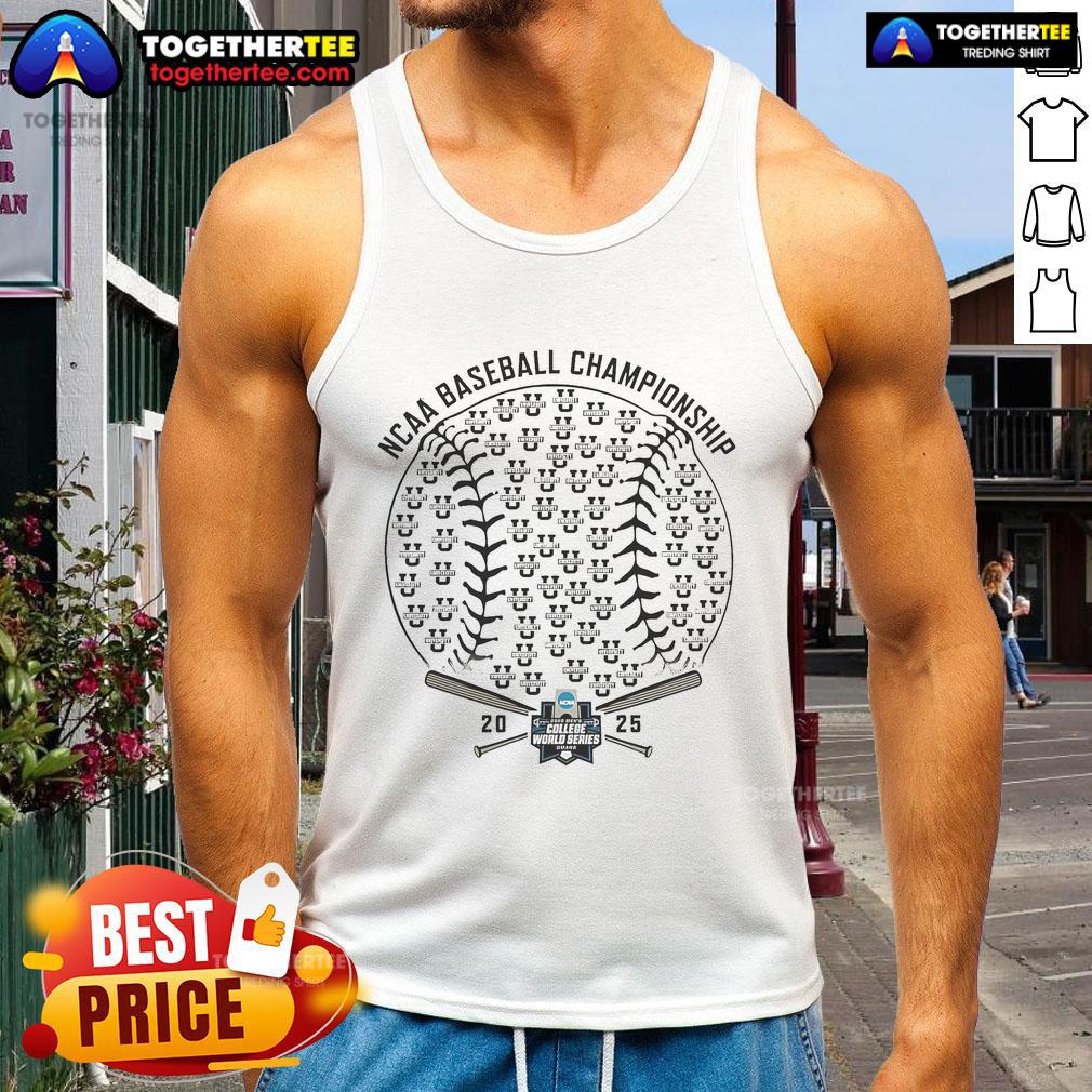 Official NCAA Baseball Championship 2025 Selection Show tank top featuring team logos and vibrant colors.